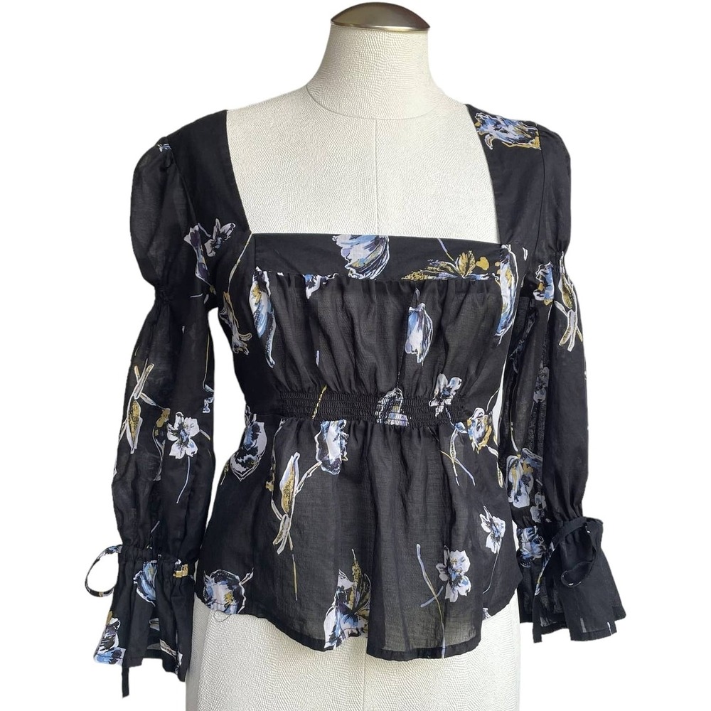 Free People Women's Floral Blouse‎ Black Square Neck Long Sleeve Tie Cuff Top S
